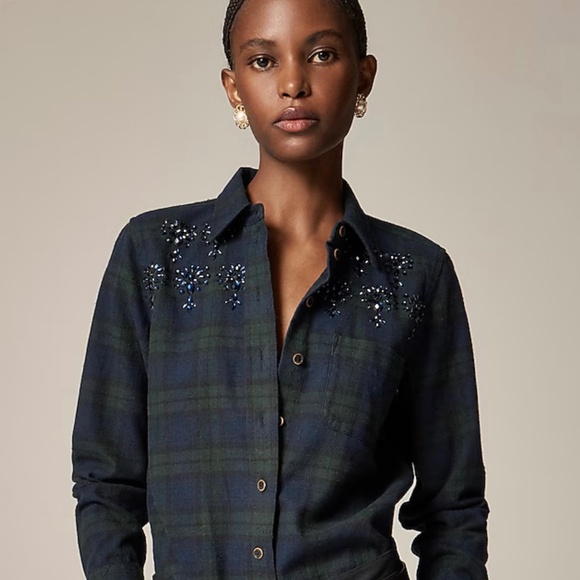 J.CREW EMBELLISHED SHRUNKEN BUTTON-UP SHIRT IN TARTAN BRUSHED COTTON OXFORD. - Picture 1 of 10